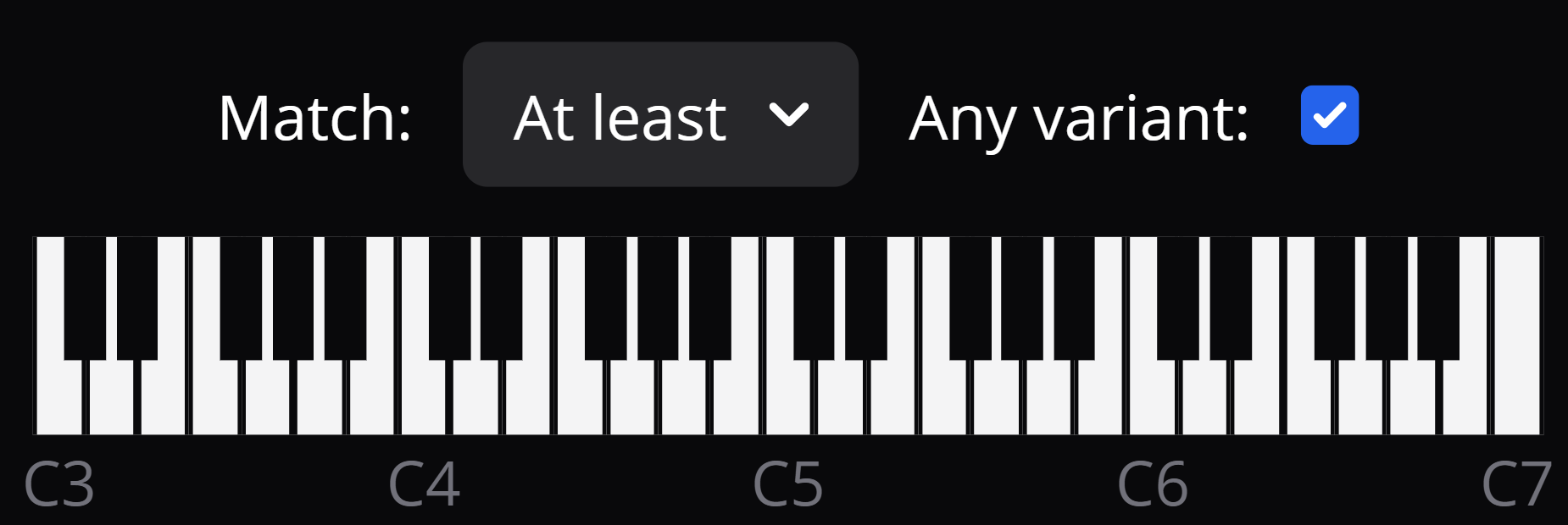 Search by notes interface showing a piano keyboard with keys labeled from C3 to C7. Above the keyboard, there are options for matching notes, including a dropdown labeled 'Match' set to 'At least,' and a checkbox labeled 'Any variant' that is checked.