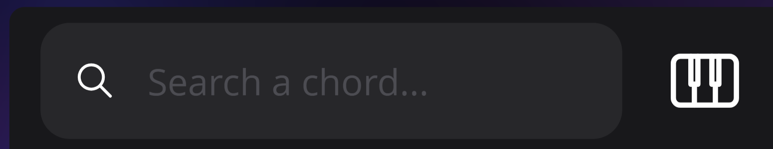 Search for suggestions by symbol UI. The search bar has the text 'Search a chord...' inside. Next to the search bar, a piano icon to search by notes is visible.