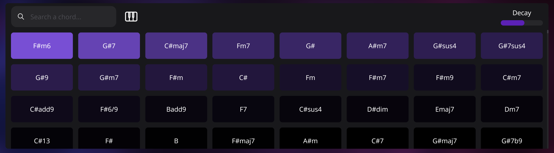 Suggestions UI showing a grid of suggested chords colored by the probability of occurrence. The chords are displayed as blocks with the chord symbol. The top row shows a search bar with the text 'Search a chord...', an icon for searching by notes, and a decay slider.