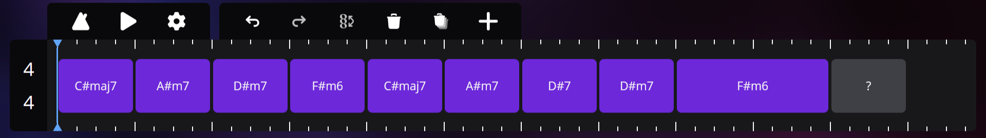 Timeline interface showing a chord progression starting with chords C#maj7, A#m7, D#m7, F#m6, ... ending in a placeholder question mark chord. The chords are displayed as violet blocks with the chord symbol. The timeline is divided into bars by tick marks. The playhead is at the beginning of the progression, and the playback controls together with timeline controls are visible at the top of the timeline. The left side of the timeline shows the current time signature as 4/4.