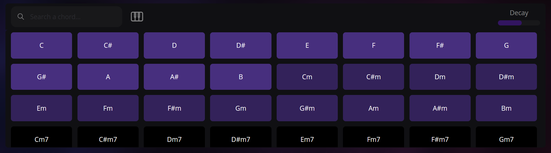 The suggestion element with a grid of suggested chords colored by the probability of occurrence. The chords are displayed as blocks with the chord symbol. Predictions start with C, C#, D, D#, E, F...