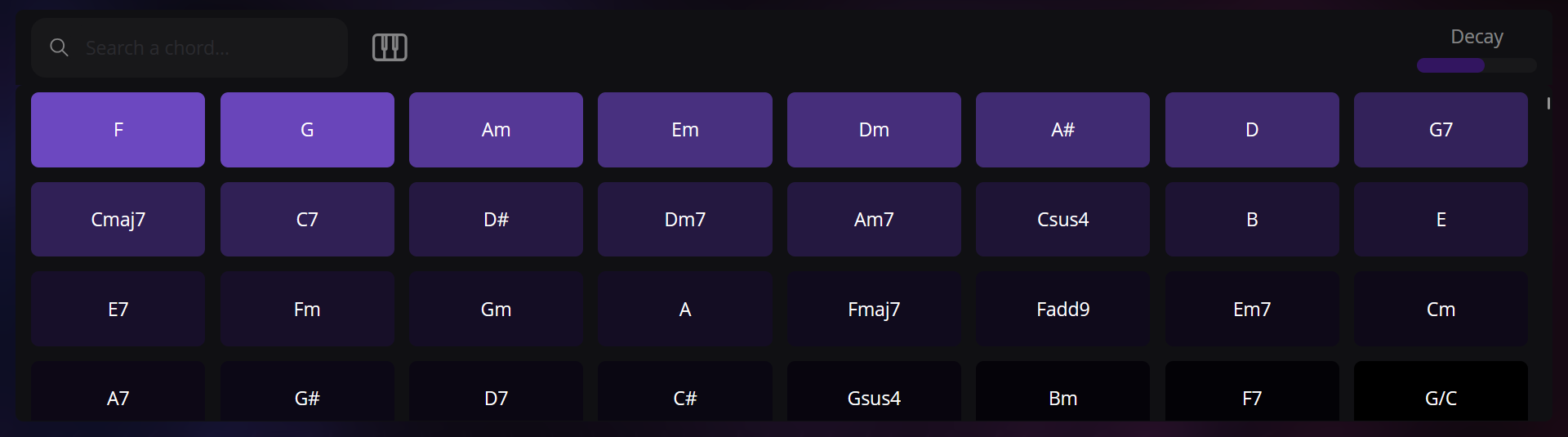 The suggestion element with a grid of suggested chords colored by the probability of occurrence. The chords are displayed as blocks with the chord symbol. Predictions start with F, G, Am, Em, Dm, A#...